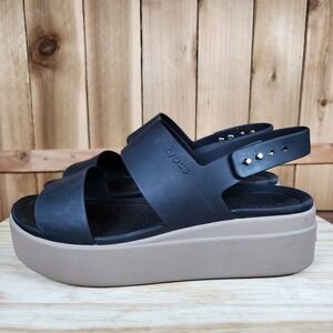 Crocs Brooklyn Low Wedge Sandals Womens 9 Black Tan Platform Slingback Shoes